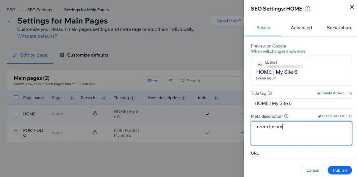 Wix SEO-Settings