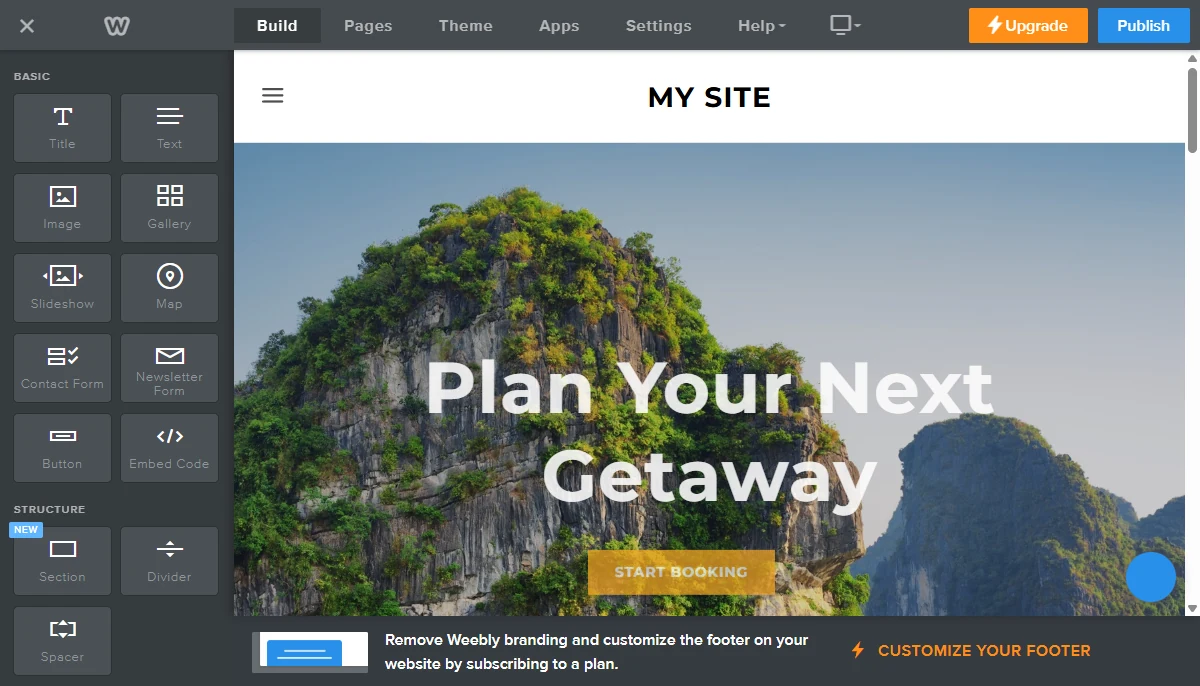 The Weebly editor with its drag-and-drop sidebar and page canvas