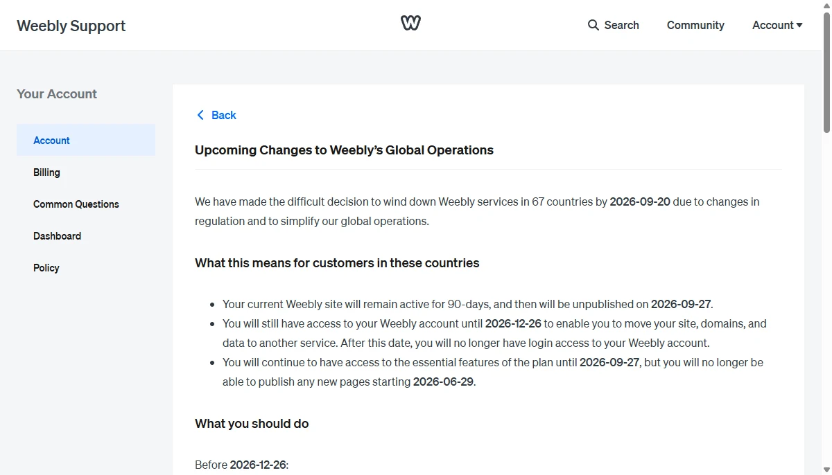 Weebly's official Changes to Weebly Global Operations notice