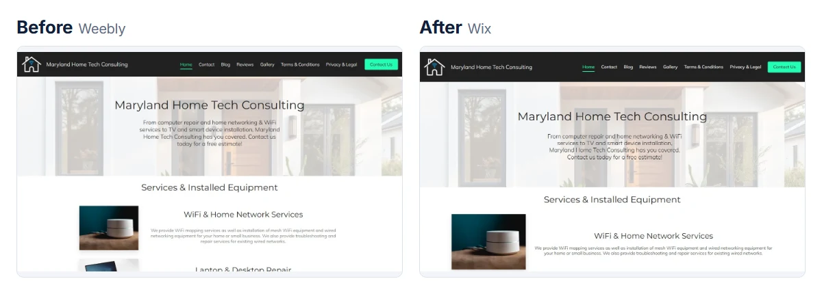 Maryland Home Tech Consulting on Weebly and the same site rebuilt in Wix