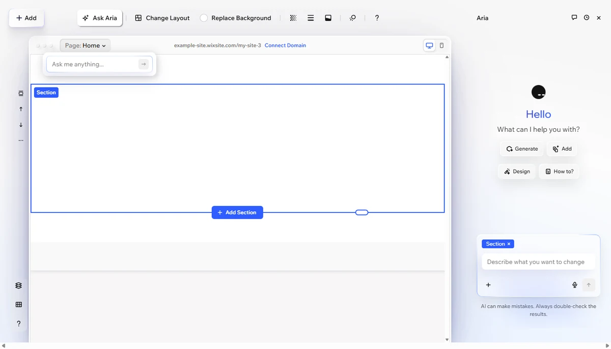 Wix AI Website Builder with the Aria panel open