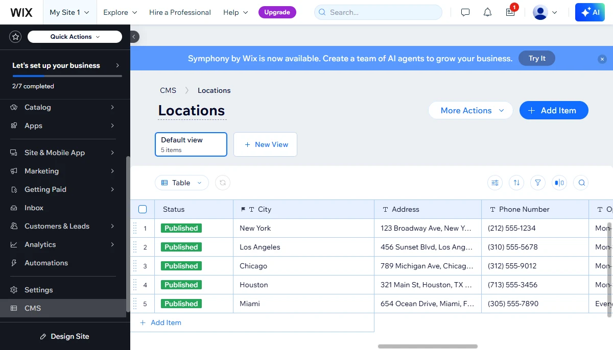 A Wix CMS collection with several fields and records