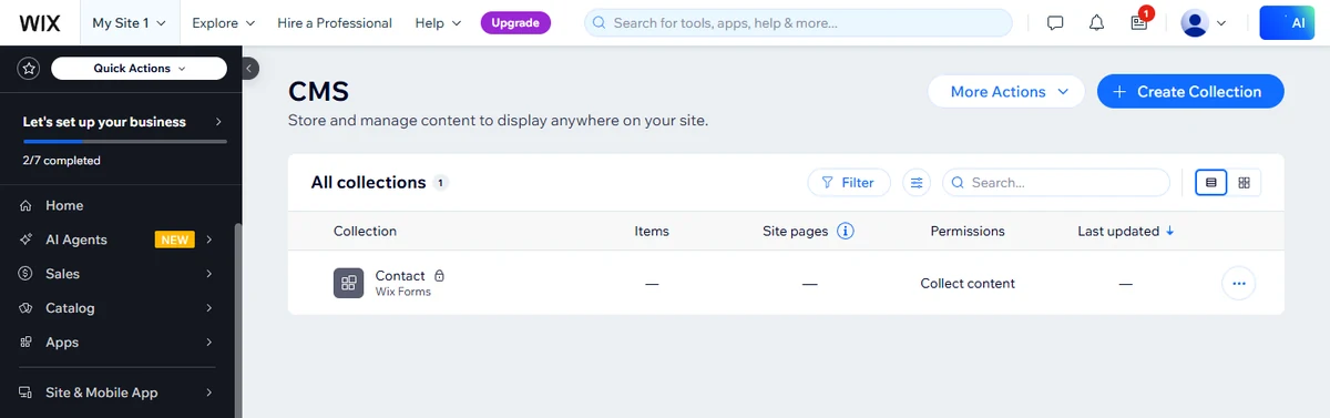 Wix CMS collections dashboard