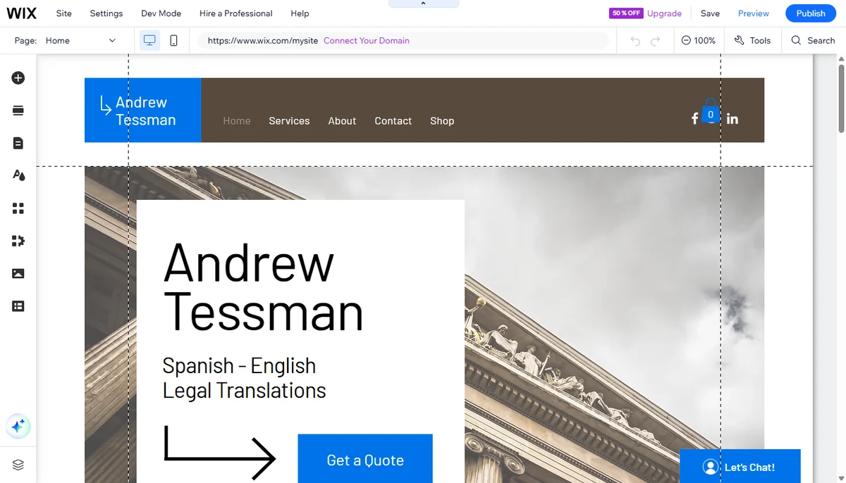 Classic Wix Editor canvas with a template loaded
