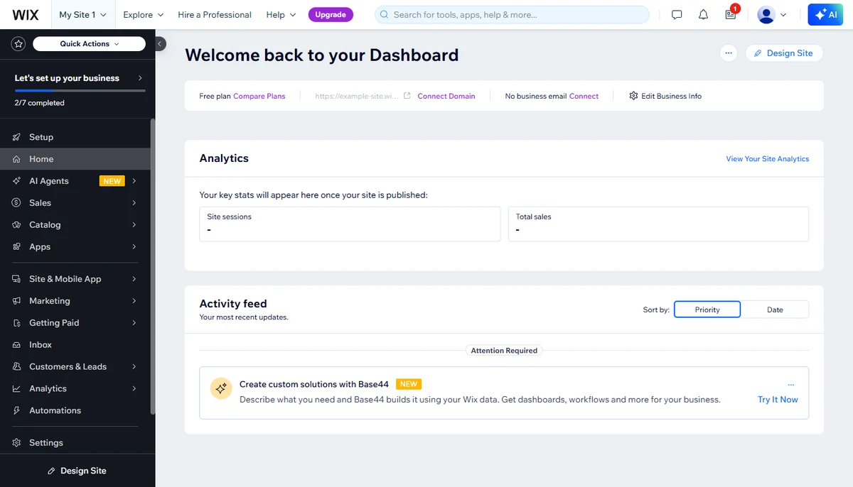 Wix dashboard overview