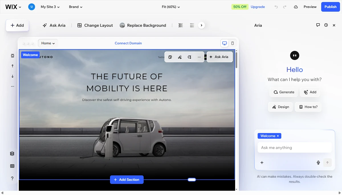 The Wix Harmony editor with its visual canvas and the Aria AI controls