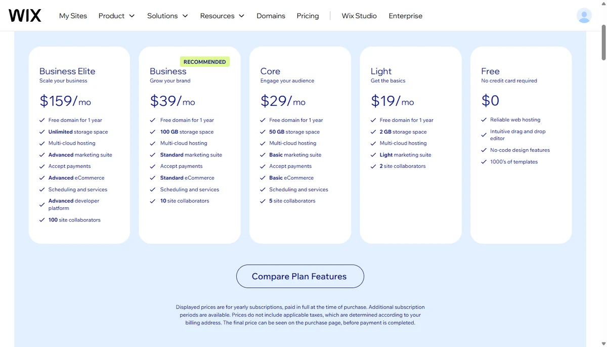 Wix premium plans compared side by side