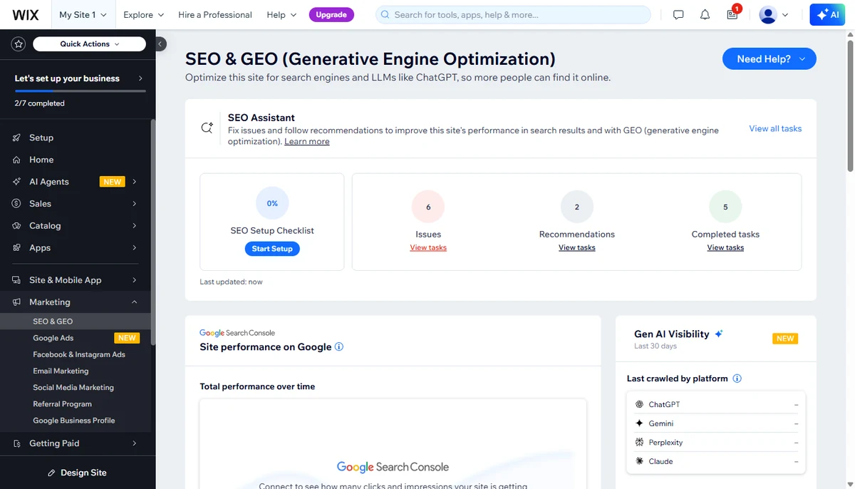 Wix SEO Setup Checklist in the SEO and GEO dashboard