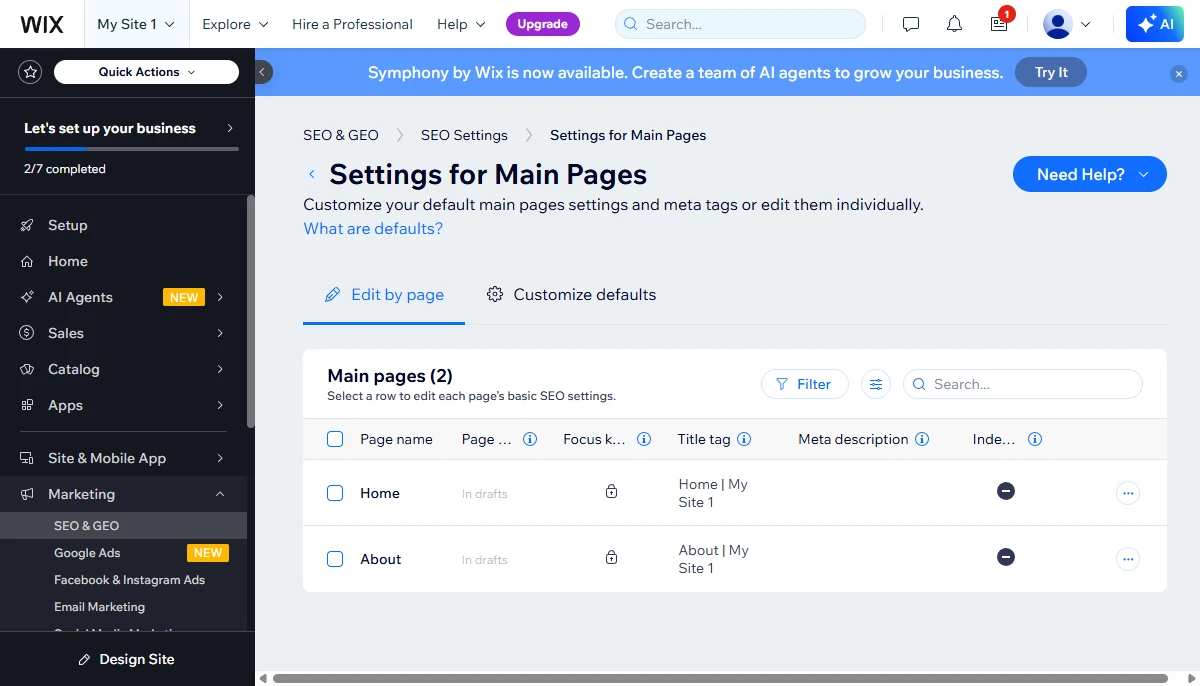 Wix SEO settings with title and meta controls and indexing options