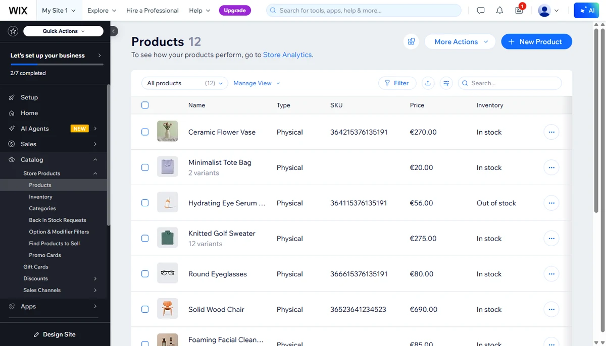 Wix Stores product management with variants and inventory