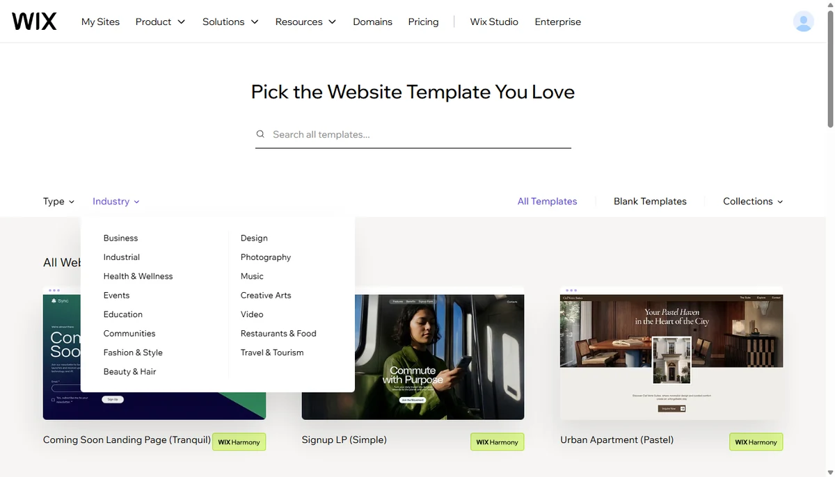 Wix template gallery filtered by industry