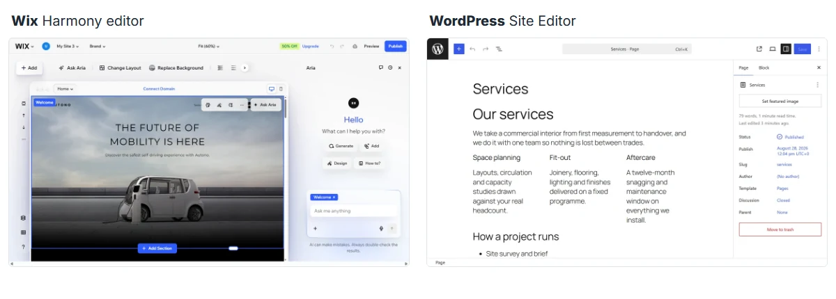 The Wix Harmony editor and the WordPress Site Editor shown side by side