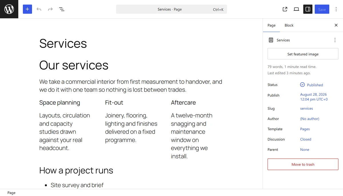 The WordPress Site Editor editing a business services page with blocks