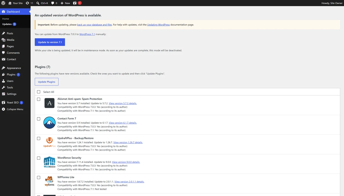 The WordPress Updates screen listing a core update and pending plugin updates